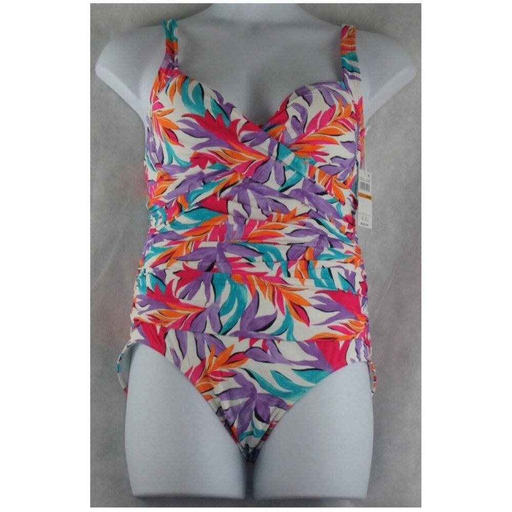 Anne Cole Women's Plus Size Shirred One-Piece Swimsuit, Multi Leaves Floral, 16W